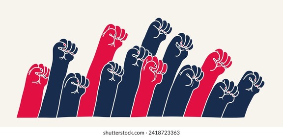 Raised fists vector illustration, concept of revolution or protest, fight for rights, political and social theme, together we are stronger.