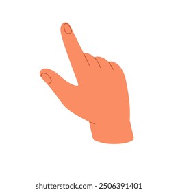 Raised forefinger pointing upward direction. Hand gesture of touch, press, poke. Index finger showing up. Nonverbal communication, body language. Flat isolated vector illustration on white background