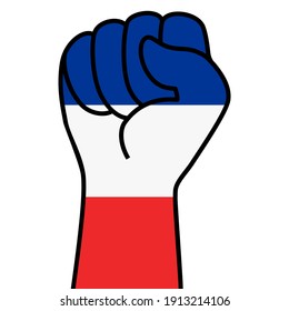 Raised french fist flag. Hand of france. Fist shape france flag color. Patriotic demonstration, rebel, protest, fighting for human rights, freedom. Vector flat icon, symbol for web banner, posts