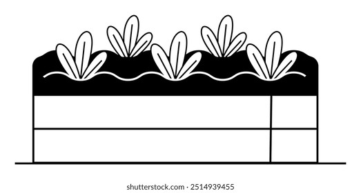 Uma cama de jardim levantada com camadas de solo e plantas que germinam no topo. Ideal para botânica, educação, jardinagem, paisagismo e agricultura. Estilo de vetor minimalista.