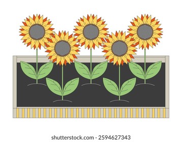 Raised garden bed with sunflowers leaves 2D cartoon object. Gardening, rural nature, sustainable agriculture. Blooming plants isolated element flat vector clip art on white. Spot illustration