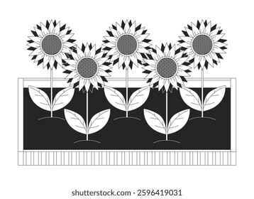 Raised garden bed with sunflowers leaves 2D line object. Gardening, rural nature, sustainable agriculture. Blooming plants isolated clipart vector ink outline item. Monochrome spot illustration
