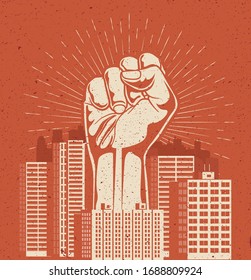 Raised up giant arm fist above red cityscape. Protest or manifestation poster or banner concept. Vintage styled vector illustration.