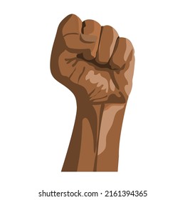 Raised hand of African American with clenched fist. gesture symbol of political solidarity, revolution, propaganda, social movements, protest, strike. BLM, Juneteenth, Black History Month