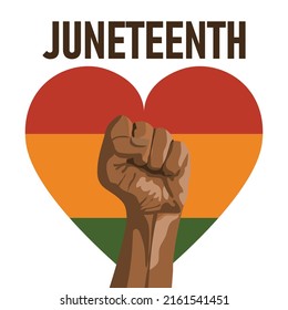 Raised hand of African American with clenched fist, heart in color of Pan African flag - red, yellow, green. Juneteenth greeting card template.