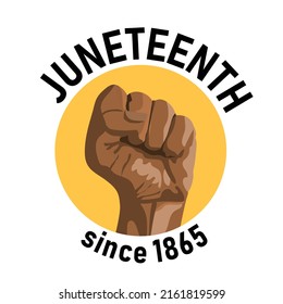 Raised hand of African American with clenched fist, round badge stamp pin design. Juneteenth social media post, greeting card template.