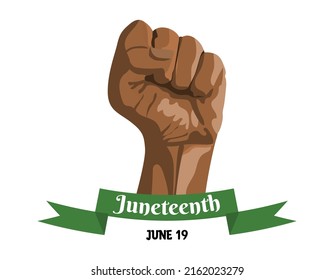 Raised hand of African American with clenched fist. Greeting card, banner for Juneteenth celebration in USA. June 19. Simple vector design