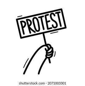 Raised hand with banner showing protest vector flat style illustration isolated on white, social rage and political revolution concept.