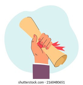 Raised hand of businessman holding paper diploma scroll. Man in suit celebrating certificate flat vector illustration. Business school, education concept for banner, website design or landing web page