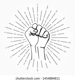 Raised Hand Clenche into Fist Symbolizing Power or Strength of Unity Contrast Graphic Style Sign Template for Your Logo - Black on Striped Background - Vector Hand Drawn Design