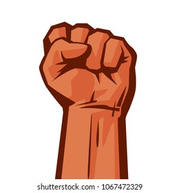 Raised hand with clenched fist.  Concept of protest, strength, freedom,  revolution, rebel, revolt. Retro style poster. Vector illustration isolated on white background.