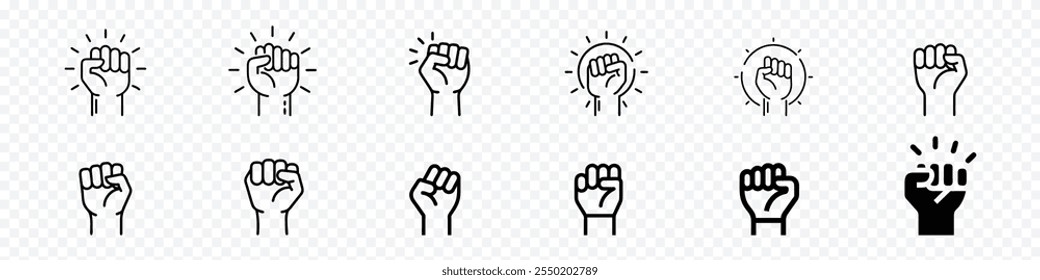 Raised hand with clenched fist icon. Fist raised up strong arm line icon, fist up power Concept of protest, rebel, political demands, revolution, unity, cooperation, lives matter