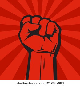 Raised hand with clenched fist on grunge background with sun rays. Retro style poster. Concept of protest, strength, freedom,  revolution, rebel, revolt.  Vector illustration isolated on red.