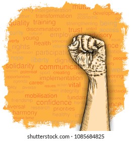 Raised hand with clenched fist on grunge background with space for text. Ink style poster. Concept of protest, rebel, revolt, strength, freedom, revolution. Vector.