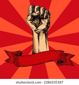 Raised hand with clenched fist poster. Mayday vector illustration. Vintage design, protest, revolution, people power, demonstration, victory, symbol