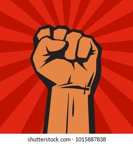 Raised hand with clenched fist. Retro style poster Protest Concept Vector illustration isolated on red background with sun rays.