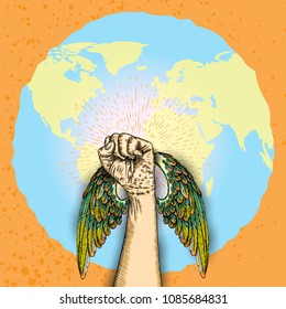 Raised hand with clenched fist and wings on earth globe with sun rays and space for text. Ink style poster. Concept of protest, rebel, revolt, strength, freedom, revolution. Vector.