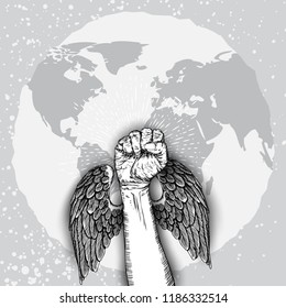 Raised hand with clenched fist and wings on earth globe with sun rays and space for text. Ink style poster. Concept of protest, rebel, revolt, strength, freedom, revolution. Vector.
