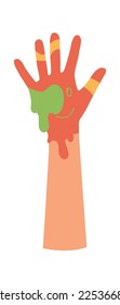 Raised hand in colorful paint flat icon Showing handprint. Vector illustration