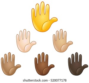 Raised Hand Emoji Of Various Skin Tones. Stop Or High Five Sign. 