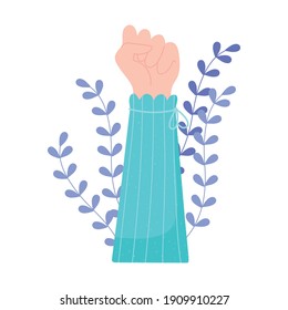raised hand female girl power, floral decoration vector illustration