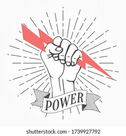 Raised Hand or Fist Holding and Gripping Lightning Bolt Sign over Rays Circle Logo and Power Lettering Symbolizing Super Human Strength - Black on Striped Background - Vector Hand Drawn Graphic Design