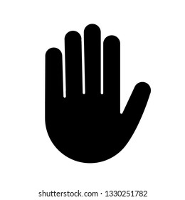 Raised hand glyph icon. Silhouette symbol. High five emoji. Stop hand gesture. Palm. Negative space. Vector isolated illustration