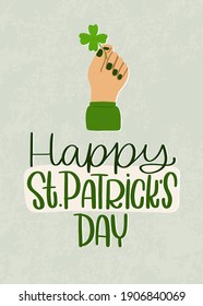 Raised Hand With Green Nail Polish, Holding Shamrock Leaf Vector Hand-drawn Clipart. Happy St. Patrick’s Day Modern Banner.