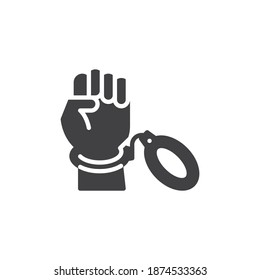 Raised hand with handcuff vector icon. filled flat sign for mobile concept and web design. Handcuffed hand glyph icon. Freedom, demonstration symbol, logo illustration. Vector graphics