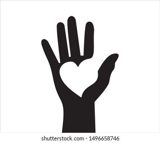 Raised hand with heart on its palm. Help, charity and love concept. Flat design