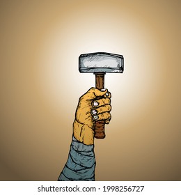 A raised hand hold up a hammer for the concept of workers solidarity. Hand drawn vector illustration.