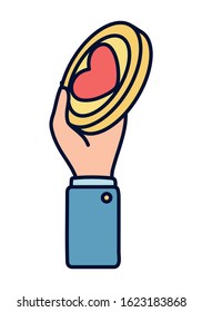 raised hand holding coin heart charity and donation vector illustration