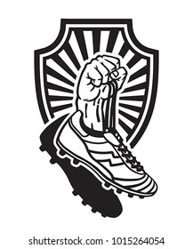 Raised hand holding football boots on shield background. Hand drawn vector illustration, isolated on white.