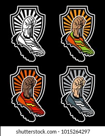 Raised hand holding football boots on shield background. Hand drawn vector illustrations in different colors, isolated on black.