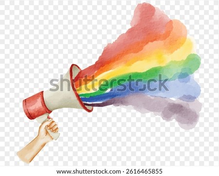 Raised hand holding megaphone with rainbow flare in watercolor, symbolizing protest, pride, and freedom of speech.vector