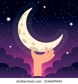 Aufhellte Hand, die den Mond hält