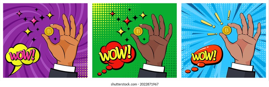Raised hand holds Bitcoin. Comic speech bubble WOW on colorful background. Pop-art retro comic style. Vector illustration