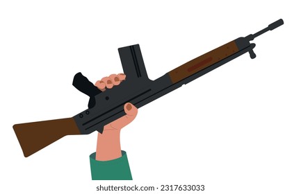 La mano levantada sostiene un rifle. Ilustración vectorial al estilo de las caricaturas. Símbolo de libertad, revolución, protesta, independencia, victoria.