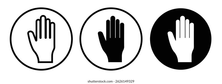 Raised hand icon.  Stop hand icon.  hand hello icon. 