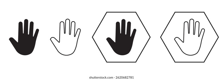 Raised hand icon symbolizing stop or interaction. Stop hand icon. Set of hand hello icons . 