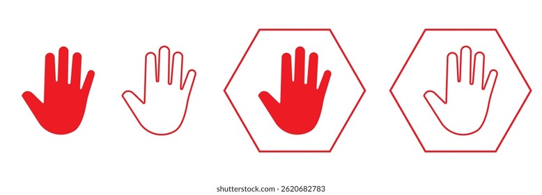 Raised hand icon symbolizing stop or interaction. Stop hand icon. Set of hand hello icons . 