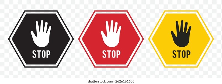 Raised hand icon symbolizing stop or interaction. Stop hand icon. Set of hand hello icons. EPS 10