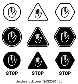 Icono de mano levantada que simboliza la parada o la interacción. Icono de la mano de la parada. Ilustración vectorial levantada de la mano en gesto de parada. Común para seguridad, prohibición o bloqueo de mensajes.