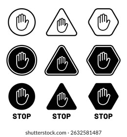 Raised hand icon symbolizing stop or interaction. Stop hand icon. Vector illustration raised hand in stop gesture. Common for security, prohibition, or blocking messages.