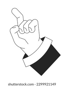 Raised up hand with index finger ready to touch bw vector spot illustration. 2D cartoon flat line monochromatic first view hand on white for web UI design. Editable isolated outline hero image