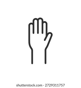 Raised hand, linear icon. Stop gesture and attention signal. Line with editable stroke.