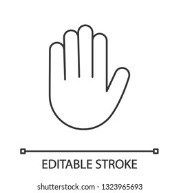 Raised Hand Linear Icon. Thin Line Illustration. High Five Emoji. Stop Hand Gesture. Palm. Contour Symbol. Vector Isolated Outline Drawing. Editable Stroke