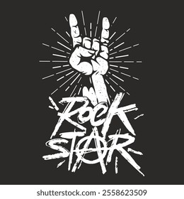 A raised hand makes a rock and roll gesture with fingers forming a horn sign. The design includes dynamic rays and bold lettering that emphasizes the rock star theme.