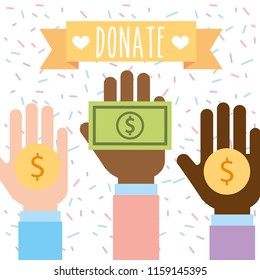 raised hand multiethnic with money donate charity image