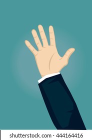 Raised hand with open palm facing in front and slight glow in background. Vector cartoon illustration isolated on green background.
